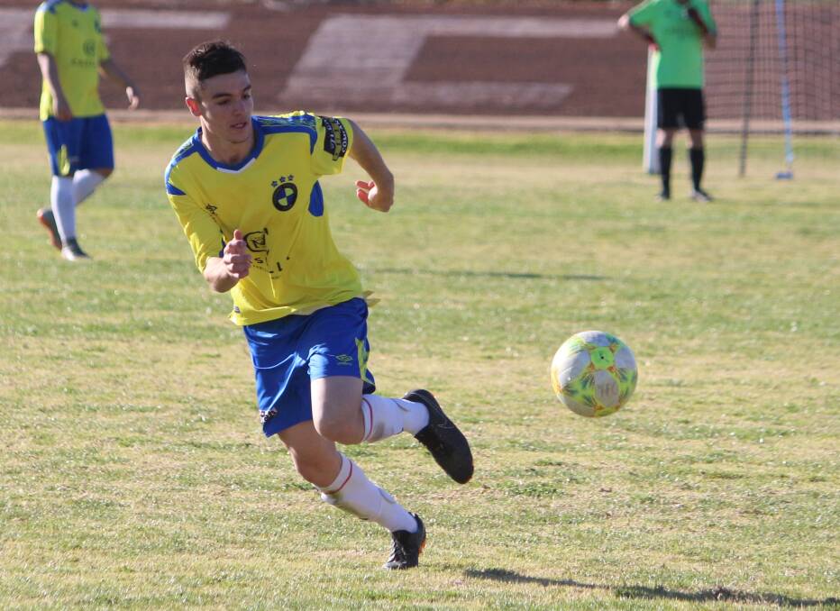 BENCHMARK SET: Yoogali FC's Jacob Rizzeri set the tone of the game in the first five minutes, scoring two quick-fire goals. PHOTO: Jacinta Dickins