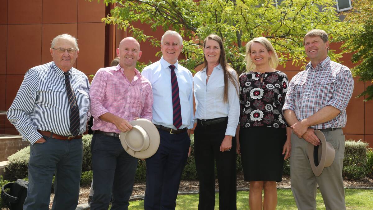 GRIFFITH BASE: Mayor John Dal Broi, Niall Blair, Michael McCormack, Perin Davey, Sussan Ley and Austin Evans. PHOTO: Anthony Stipo