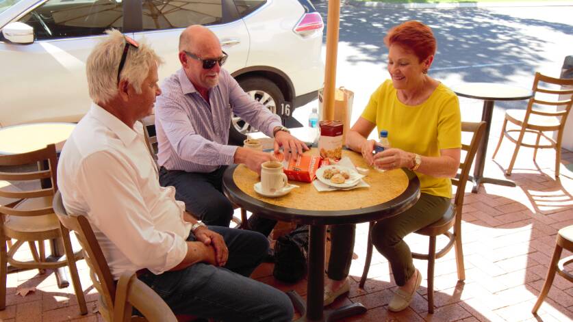 GRIFFITH'S WELCOME: One Nation's Tom Weyrich, Rod Roberts and Pauline Hanson enjoying a morning tea at Bertoldo's. PHOTO: Jacinta Dickins
