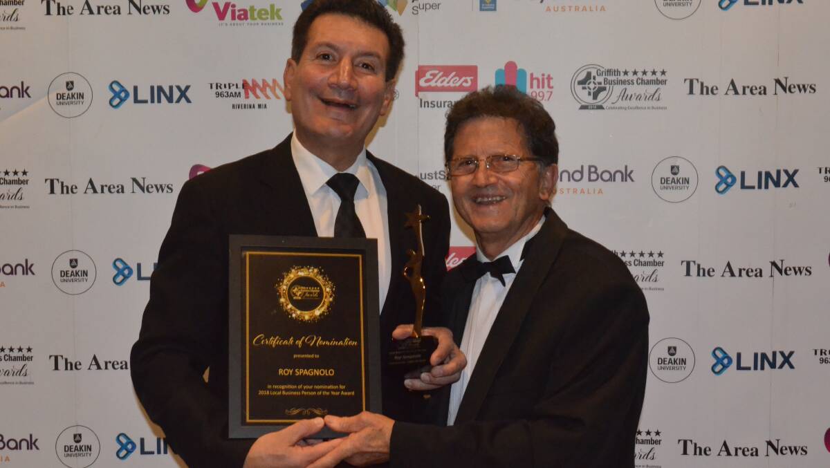 Local Business Person of the Year: Winner Roy Spagnolo with presenter Deputy Mayor Dino Zappacosta.