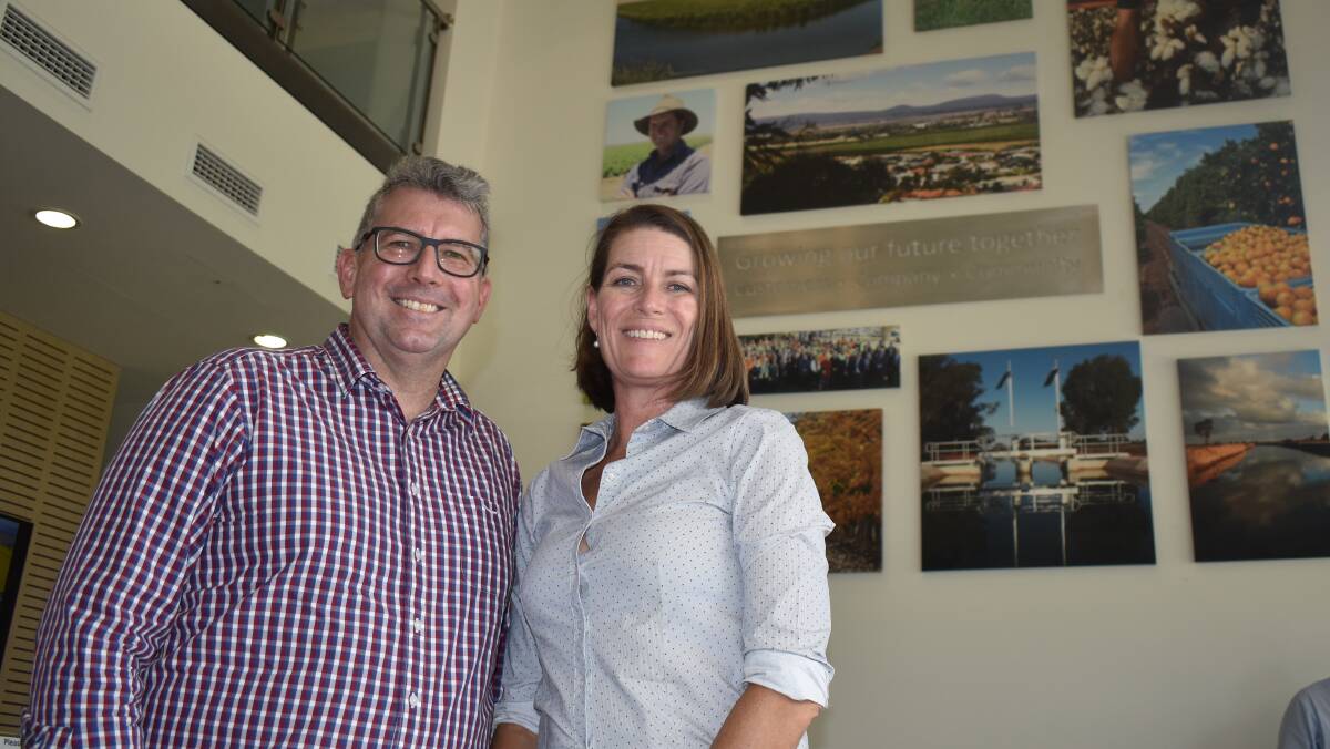 FIRST TOUR: Federal Water Minister Keith Pitt with Senator Perin Davey in Griffith on Tuesday. PHOTO: Jacinta Dickins
