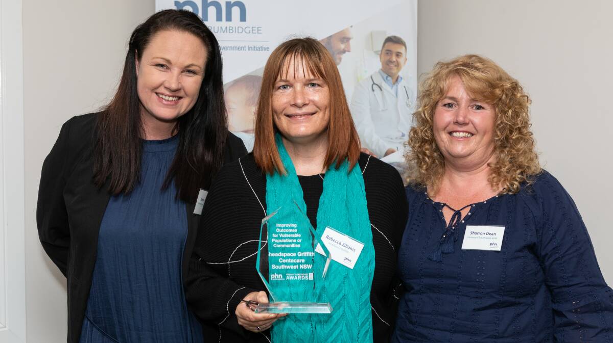 HELPING YOUTH: Executive manager psycho social services for Centacare South West NSW Ann Gardner, C.A.R.E.S clinician Rebecca Zilionis, Manager of headspace Griffith Sharron Dean at the awards night. Picture: Supplied
