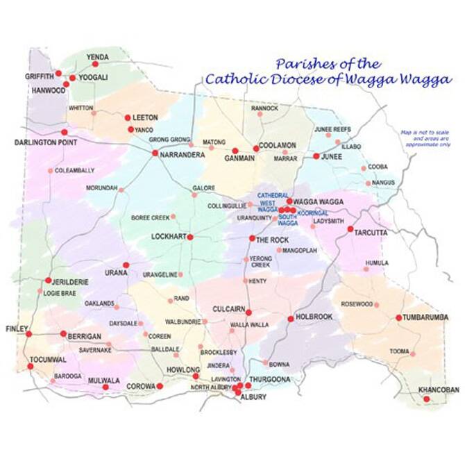 A MAP of the parishes that make up the Catholic Diocese of Wagga Wagga. It covers the south-east corner of NSW, with Wagga and Albury the major centres.