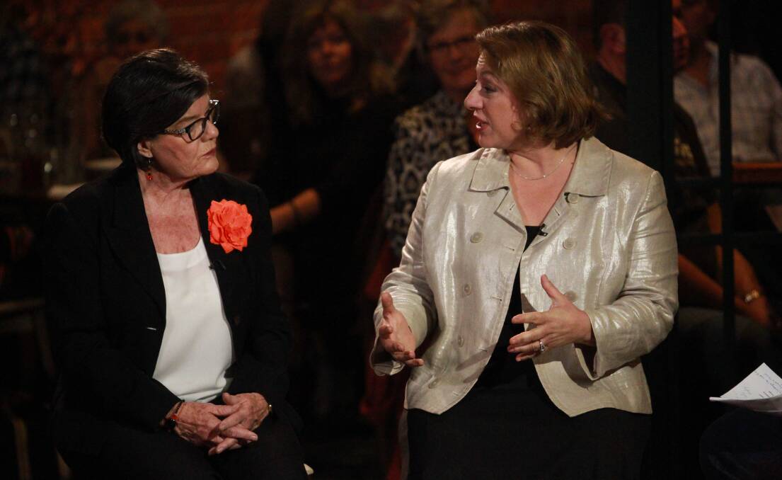 RIVALRY: The moment Sophie Mirabella confronted Cathy McGowan live on Sky News, broadcast from a Wangaratta pub, over false allegations Mrs Mirabella "pushed" the Indi MP.
