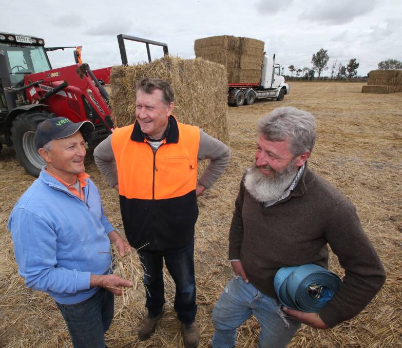 HELPING OUT: Denis Dinicola and Joe Lando chat to Aussie Helpers' Rob Whieldon while picking up rice straw. Picture: Anthony Stipo