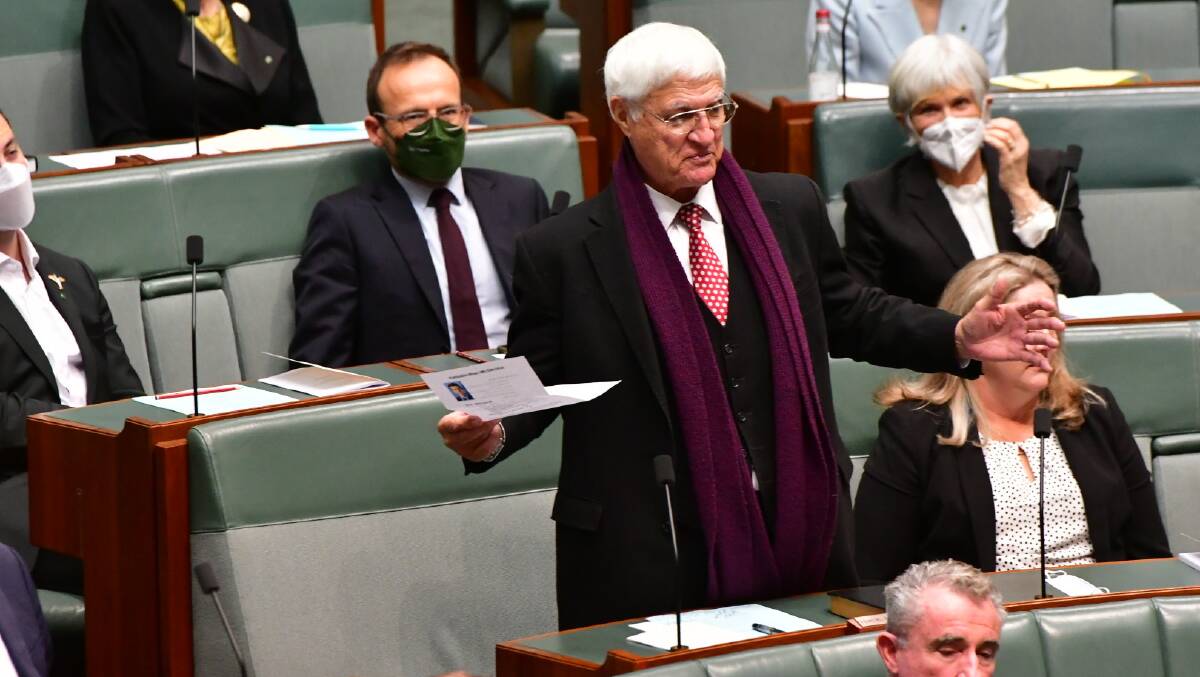 Now Father of the House, Senator Bob Katter speaking after the 47th parliament was officially sworn in. Picture: Elesa Kurtz