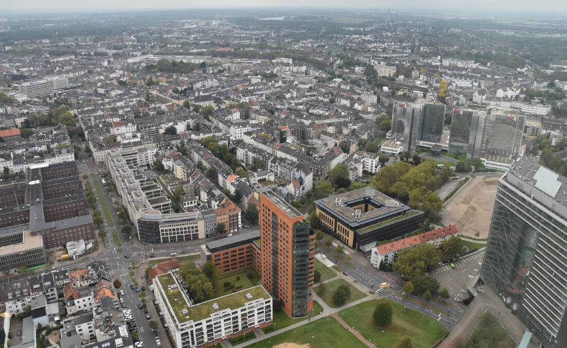 HIGH: The ultra panoramic view from up the top of the 168m Rheinturm (Rhein Tower.) 