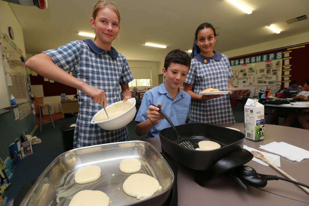 2014: St Pat’s year 6 students did a spot of cooking on Tuesday in honour of Pancake Day – officially known as Shrove Tuesday. Ella Zonesco, Hayden Harrison and Maria Sergi – all 11 – made some afternoon tea for their classmates. Shrove Tuesday is the day before Ash Wednesday, marking the beginning of Lent.