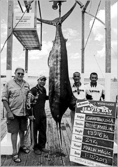 2013: Ray Jarvis, skipper Anthony Bonaccorsi, Chris Barsha and Ben Quahoush proudly show off their prize-winning 139.6 kg Pacific blue marlin at the Jervis Bay Okuma Whitesands Tournament on Sunday.