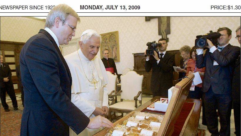 2009: Prime Minister Kevin Rudd presents Pope Benedict XVI with six bottles of De Bortoli Noble One, during an audience at the Vatican on Thursday night.
