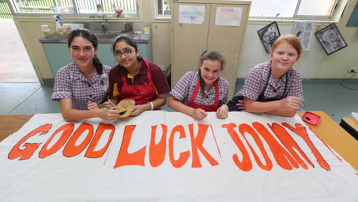2014: Marian Catholic College year 7 students Jessica Alpen, 12, Tarnpreet Kaur, 12, Ashleigh Hoffmann, 12, and Meg Dal Broi, 12, will be among the many Griffith residents cheering on former student Joany Badenhorst when she competes today in Sochi. Picture: Anthony Stipo
