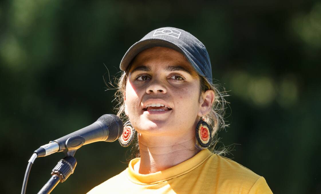 FRUSTRATED: Taylah Gray, pictured speaking at Newcastle Invasion Day rally in January, said authorities must act to address Aboriginal deaths in custody. Picture: Max Mason-Hubers