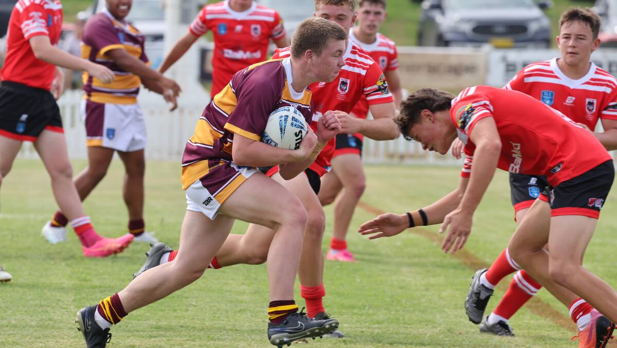 Isaiah Pulleine, who scored a double, brings the ball forward for Riverina in their win over Illawarra South Coast to kick start the Andrew Johns Cup on Sunday. Picture by Robert Peet