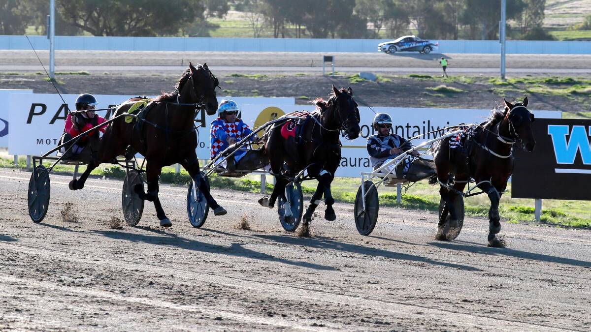 Jared Kahlefeldt and Seattle Trace take a narrow victory along the sprint lane at Riverina Paceway on Friday. Picture: Les Smith
