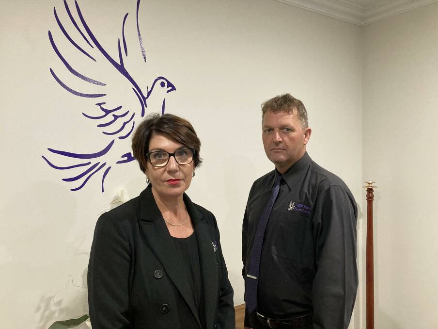 Griffith Regional Funeral Services' Jennifer Overs and Peter Woodward are warning Riverina residents of a funeral livestream scam. Picture by Cai Holroyd