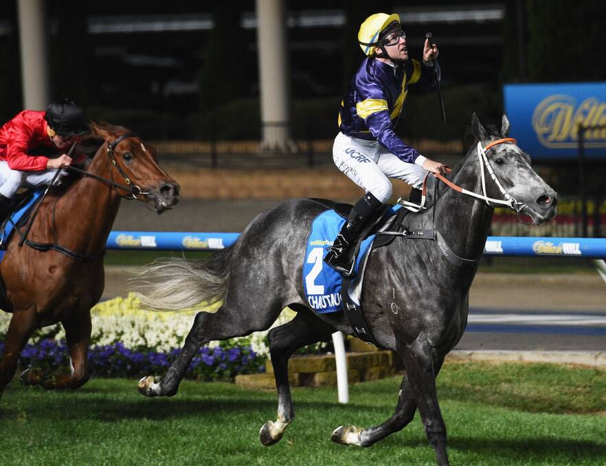 Tommy Berry riding Chautauqua reacts on the line to win Race 7, William Hill Manikato Stakes during Manikato Stakes Night at Moonee Valley Racecourse in October 2015. (Photo by Vince Caligiuri/Getty Images)