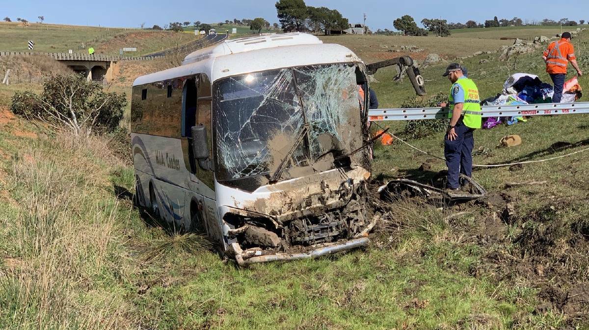 Two were airlifted to hospital after a bus with 30 people onboard crashed near Harden. Picture: NSW Ambulance