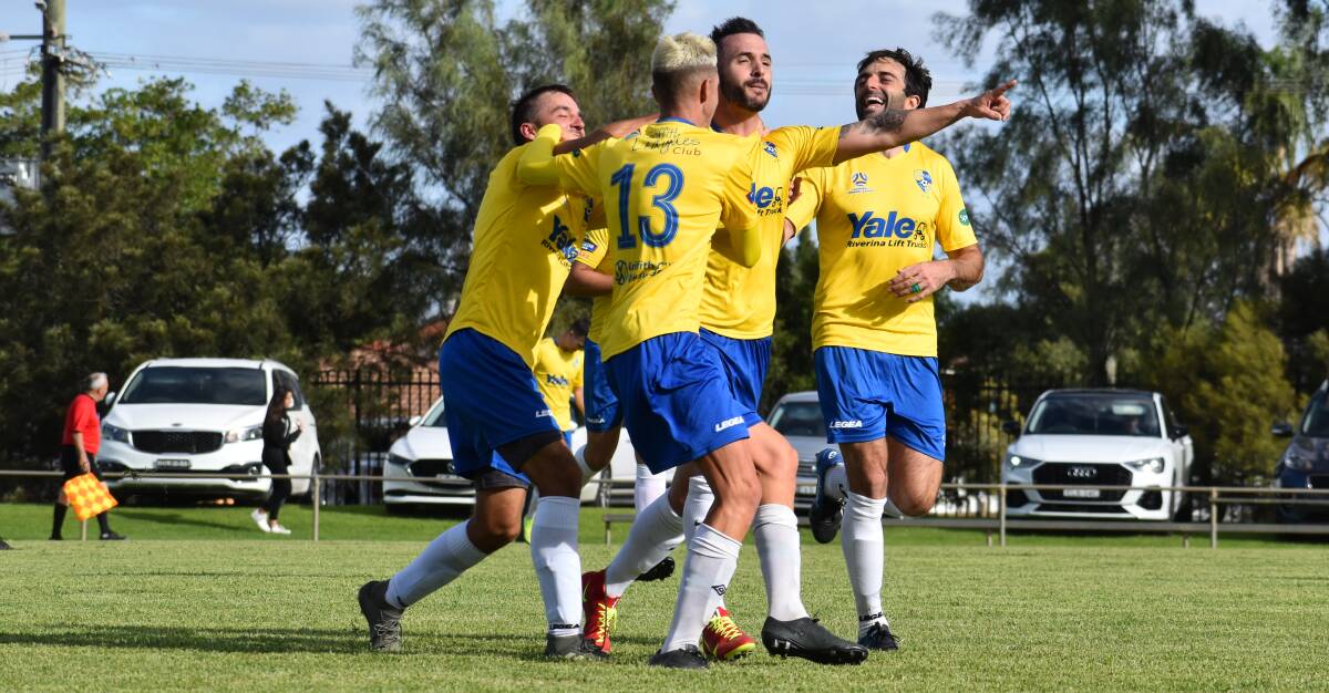 DOUBLE UP: Mitch Bagiante celebrates his first of two goals in Yoogali SC's opening round win over Weston Molonglo. PHOTO: Liam Warren