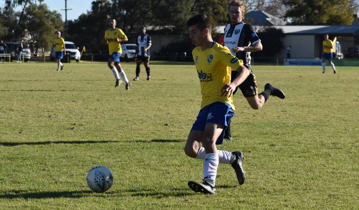 ON TARGET: Yoogali SC's Mason Donadel scored a second half double to help his side take the necessary victory over Wagga City Wanderers. PHOTO: Liam Warren 