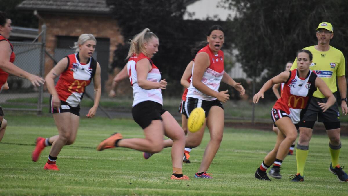 TOP TIER: Griffith Swans Jenna Richards in action last season against North Wagga in the Southern NSW AFLW competition. PHOTO: Liam Warren