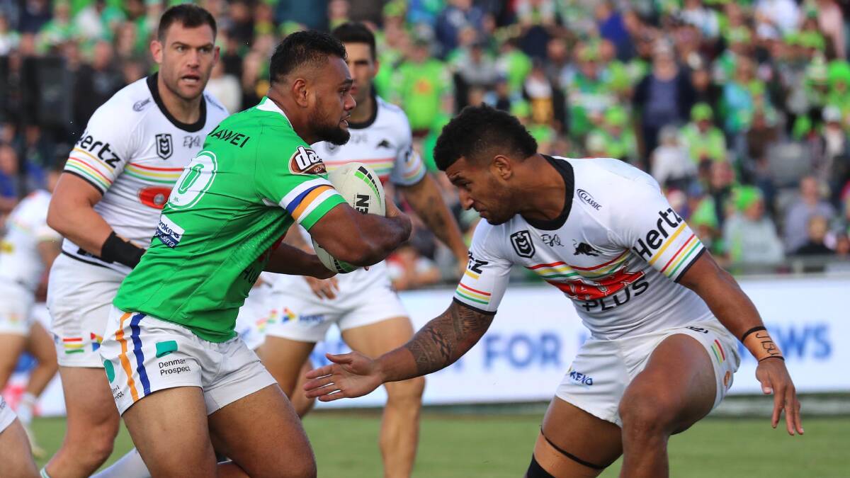 Canberra Raiders' Dunamis Lui and Penrith Panthers' Viliame Kikau come together during their clash in Wagga last season. The NRL are looking at their options to try and resume their season. PHOTO: Les Smith
