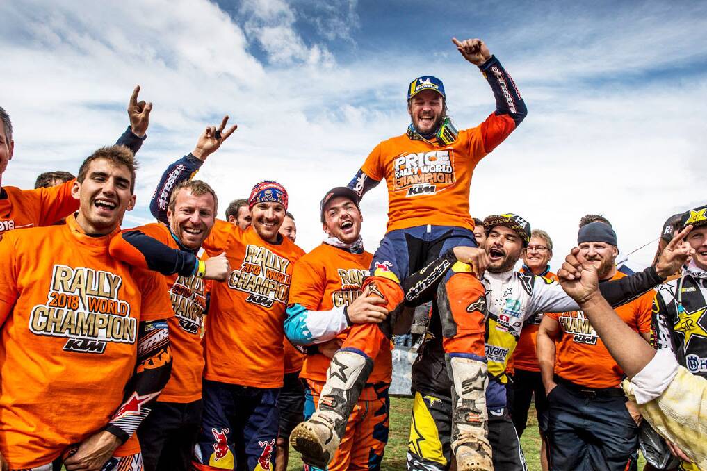 GOOD TIMES: Toby Price celebrates his win in the FIM Cross-Country Rallies World Championship