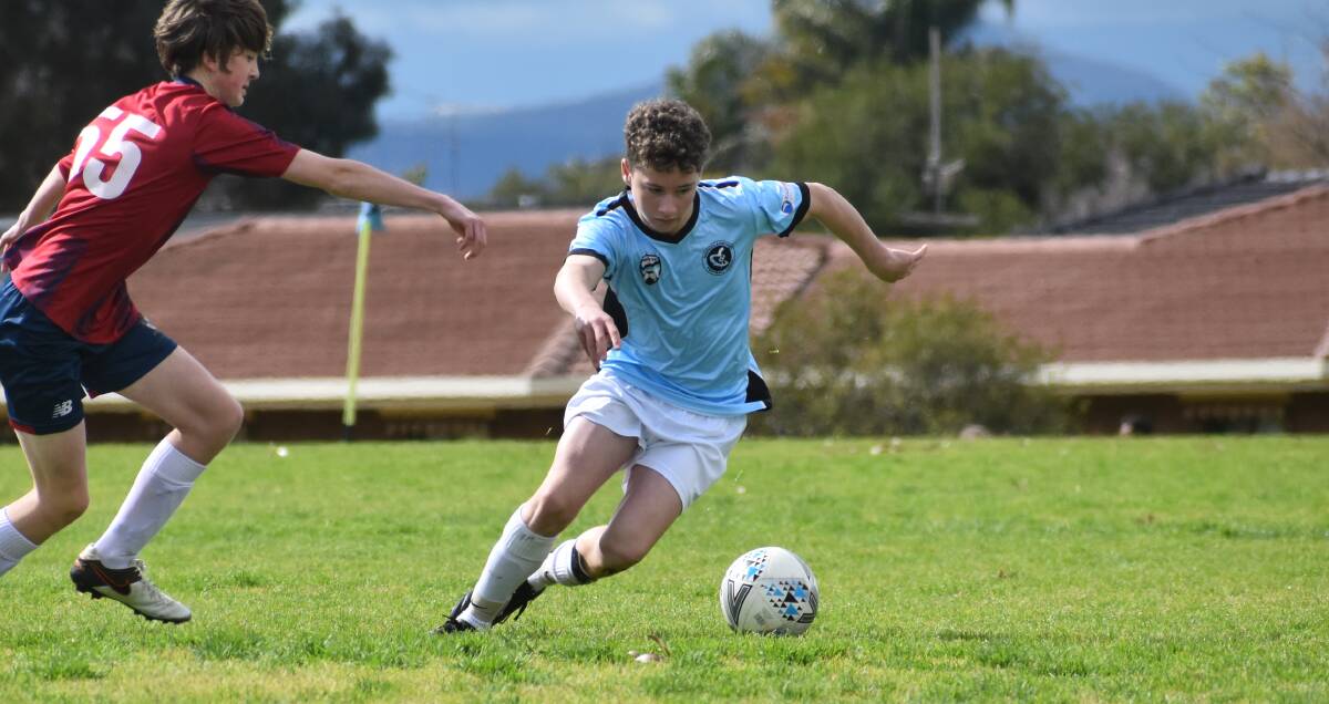 EARLY SCORER: Griffith FC's Bailey Morrissey found the back of the net in the 10th minute to help the under 14s take a big win over Wagga City Wanderers. PHOTO: Liam Warren
