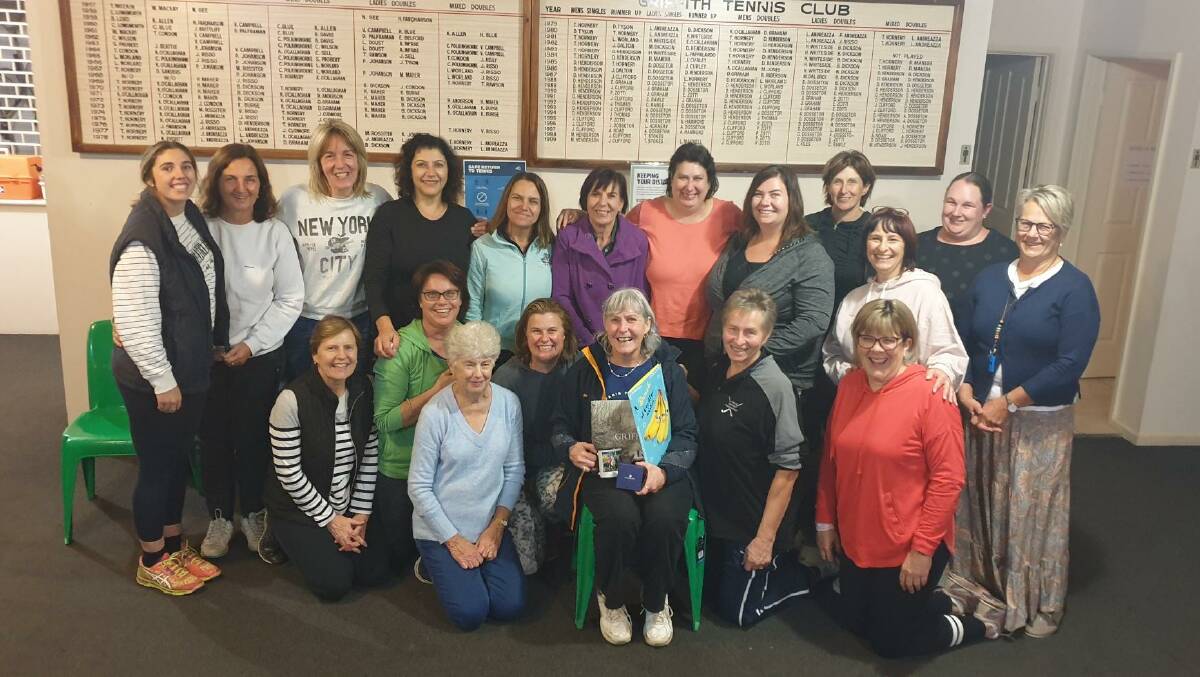 FAIRWELL: The Grifith Tennis Club bid farewell Julie Napoli who has been organising Monday night ladies tennis for 18 years. PHOTOS: Contributed