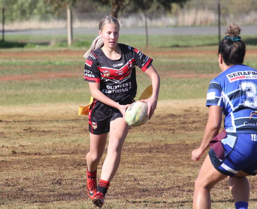 INTO FINALS: West Wyalong's Bree Clair Franklin was able to help her side take the final top five position with a try against Tullibigeal Lake Cargelligo. PHOTO: Anthony Stipo