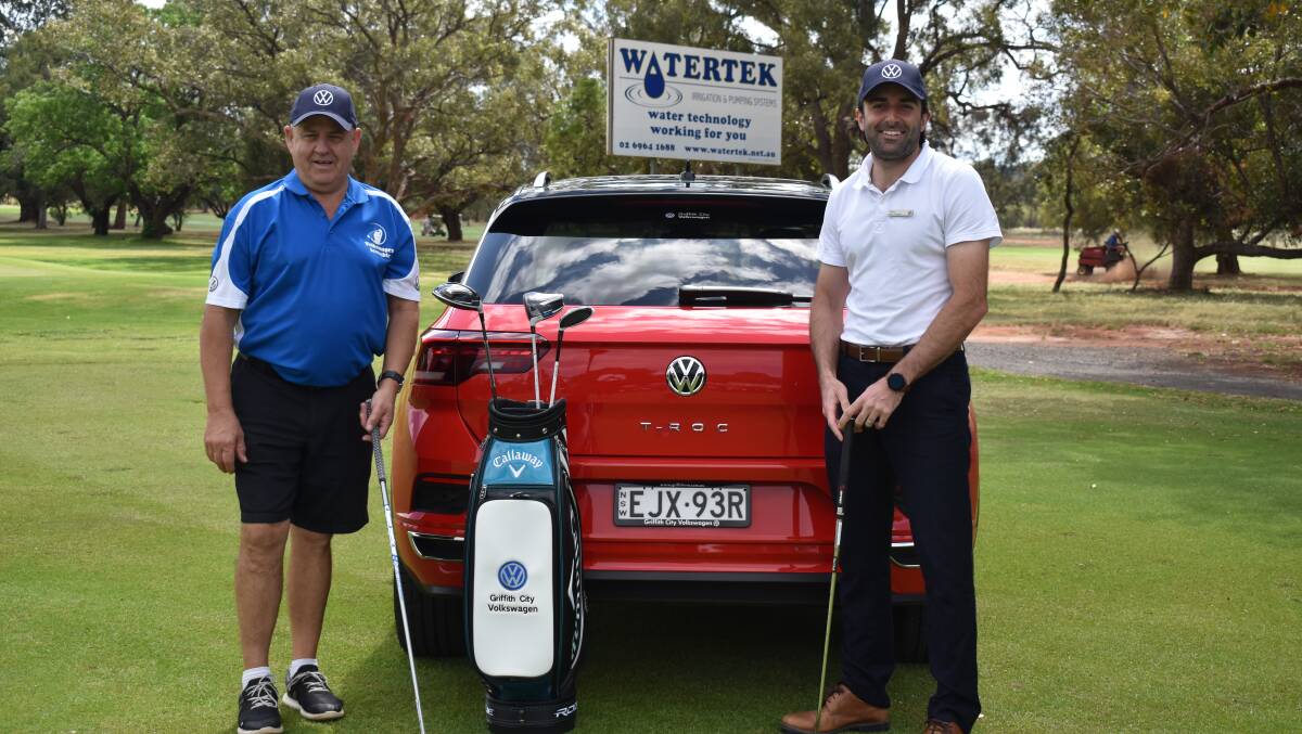 TEEING OFF: Griffith Golf Club manager Wayne Moat with Griffith City Volkswagen's Andrew Vitucci ahead of the Volkswaggen Scramble on Sunday. PHOTO: Liam Warren