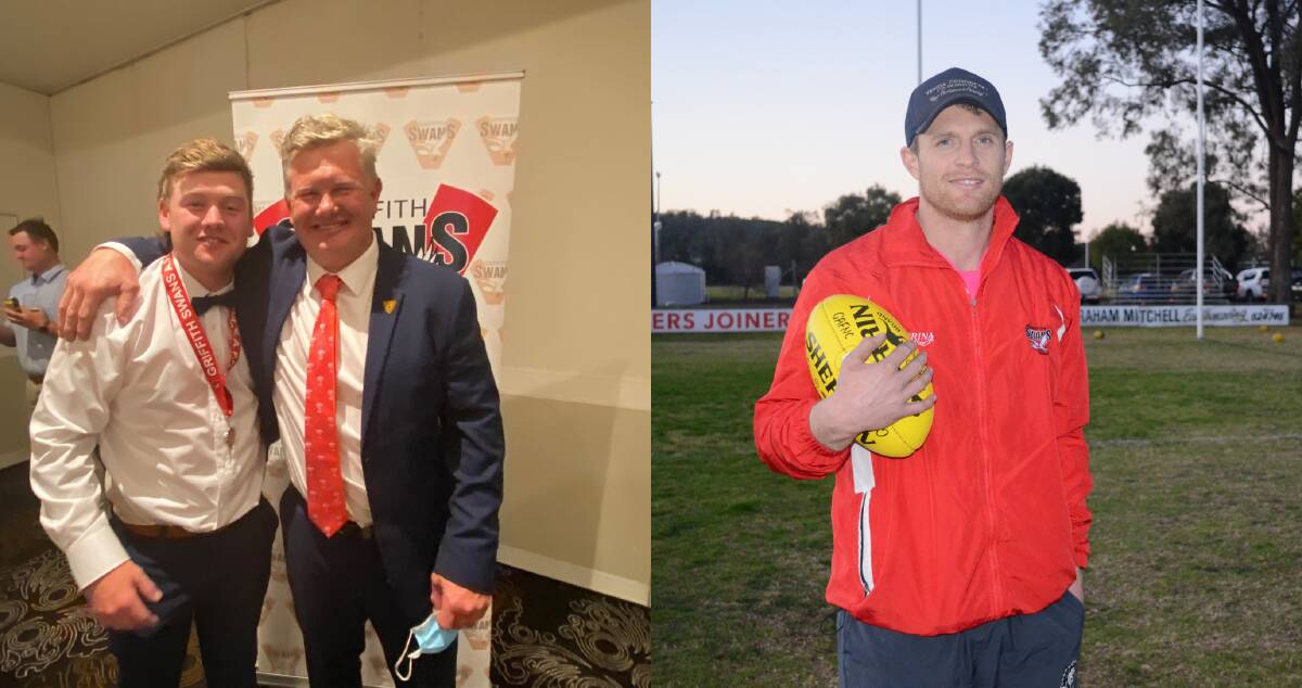 LATEST ADDITIONS: Phillip Rowston, with son Jack, and James Toscan were inducted as life members of the Griffith Swans at their presentation night on Saturday.