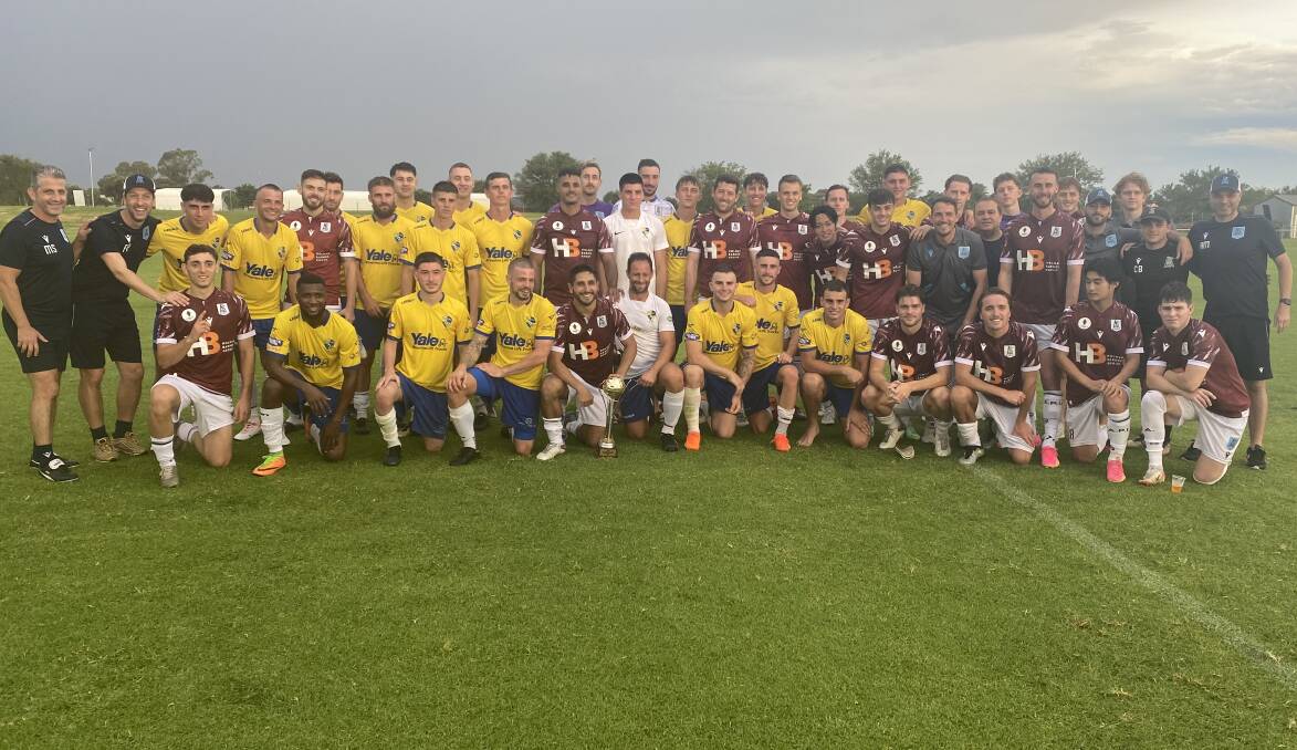 APIA Leichhardt and Yoogali SC come together after the Macron Cup final which was taken out by APIA. Picture by Liam Warren