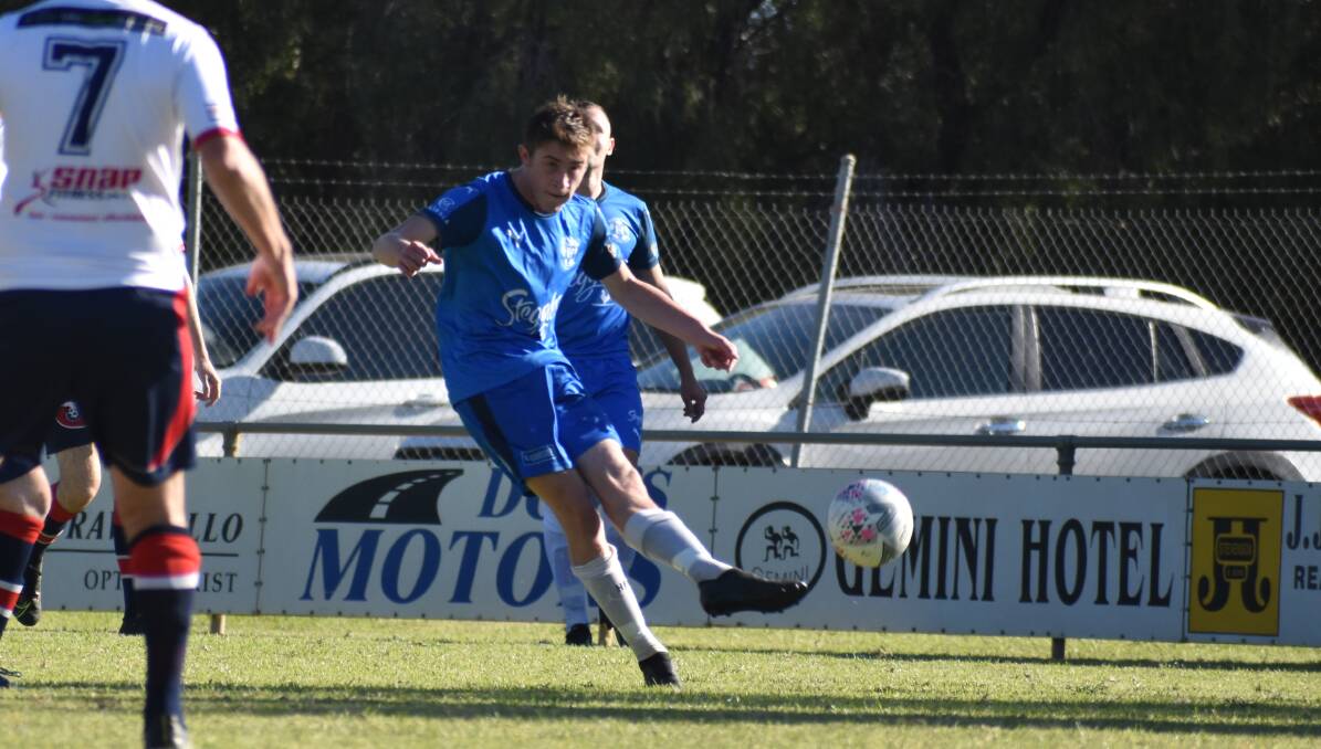 ON TARGET: Hanwood's Chaise Donetto found the back of the net twice to help his side come away with the three points against Wagga United. PHOTO: Liam Warren