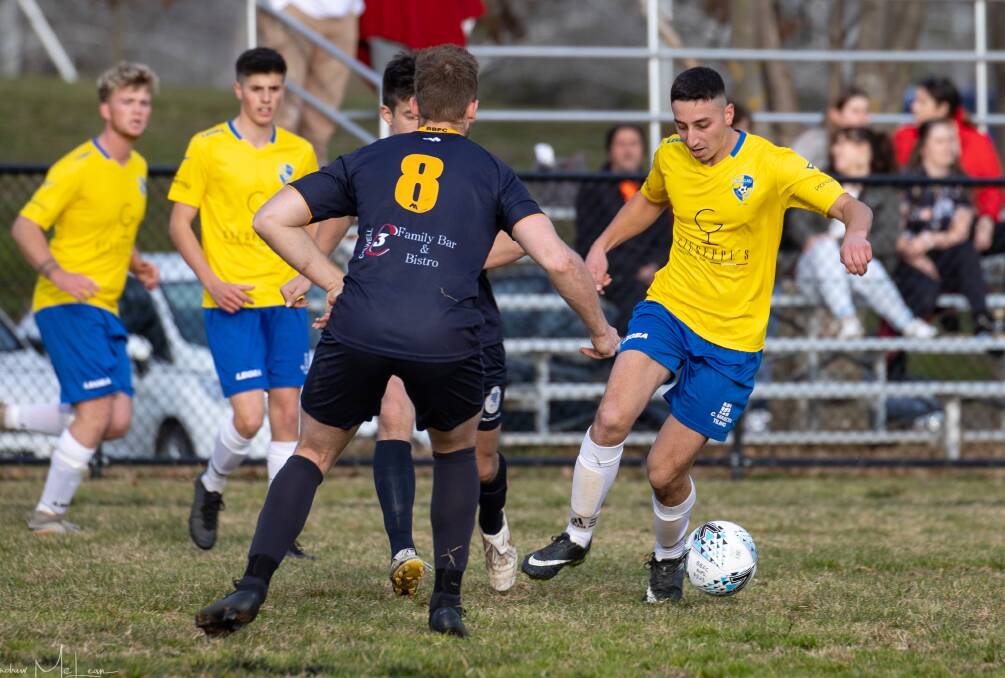 EARLY STRIKE: Dean Catanzariti found the back of the net 10 minutes in to set Yoogali SC in motion against Brindabella. PHOTO: Andrew McLean