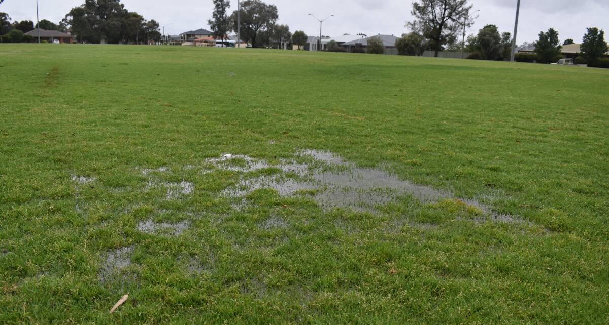 Water pools on Ted Scobie Oval in the location of Griffith Touch's field 13 