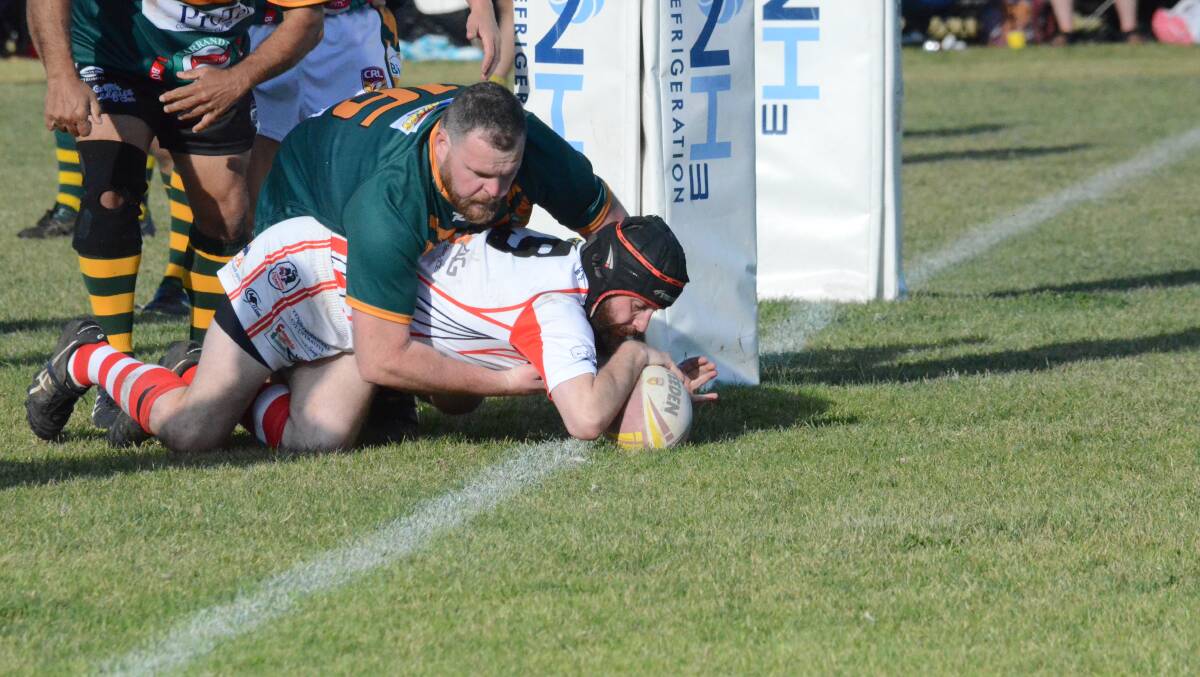 FOOTY'S BACK: Rankins Springs' Jamie Parsons dives over for a try during the ProTen Cup 2019 preliminary final. PHOTO: Liam Warren