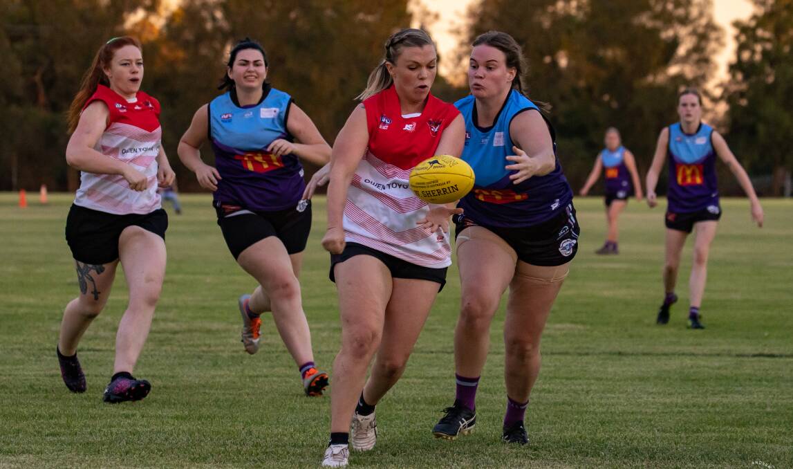 DUCK BROKEN: Swans' Brittany Everett kicked the two important goals for the home side as they took a four-point win over Brookdale. PHOTO: Andrew McLean