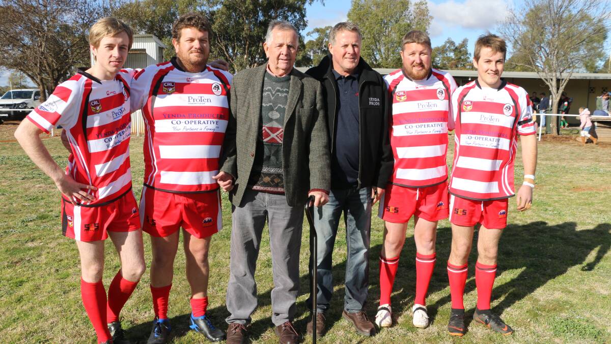 FAMILY MOMENT: Jack Vearing (third from left) with son Stuart (third from right) and grandkids James Corner and Dane, Luke and Billy Vearing. PHOTO: Supplied