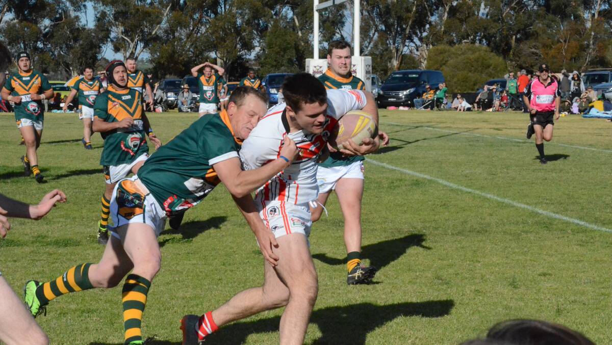 REACHING OUT: Rankins Springs Todd McCarten gets over for a try during the ProTen Cup preliminary final in 2019. PHOTO: Liam Warren