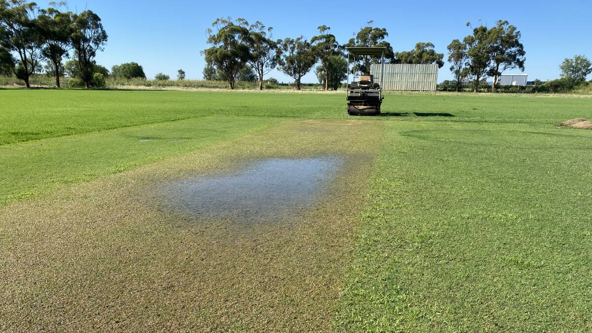 PUDDLES: Wet spot in the middle of the Graham McGann Oval after the wet weather experienced on Friday night. PHOTO: Liam Warren