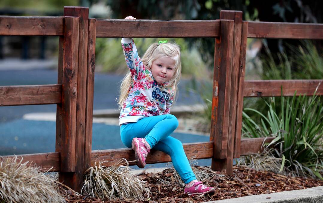 Winter's grasp remains: Aurelia van Zon, 3, made the most of the chilly Wagga weather when spring was delayed last year. 