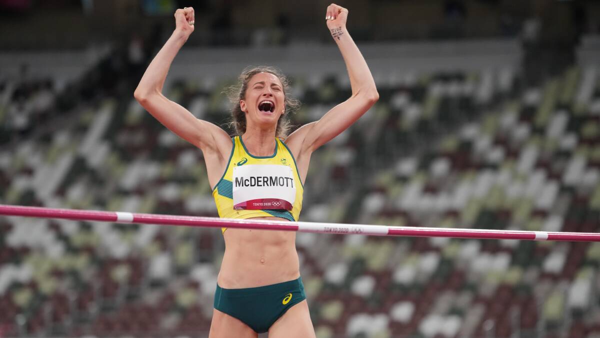 Nicola McDermott (AUS) in the women's high jump final during the Tokyo 2020 Olympic Summer Games at Olympic Stadium. Photo: Kirby Lee/USA TODAY 