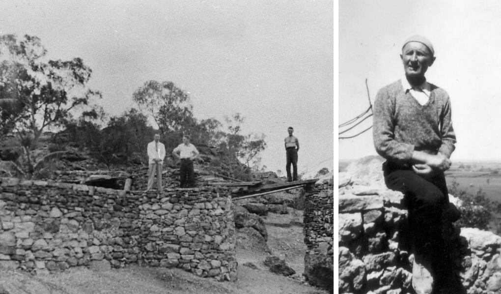 PAST: (Left) Dr Burrell, Russell Radford and the Hermit. They are standing by the gun emplacement in the Hermit's garden from where he imagined he could defend his Sacred Collina. (Right) Valerio Ricetti around 1946 on return from internment camp.