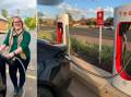LEFT: My partner, Madeline, topping up the car in Mudgee while we head to the weekend markets. RIGHT: Charging in Dubbo. 
