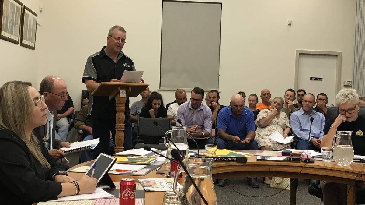 LONG DISCUSSION: Bill Daking of Frost Fans Australia presenting at the March Leeton Shire Council meeting on Wednesday night. 