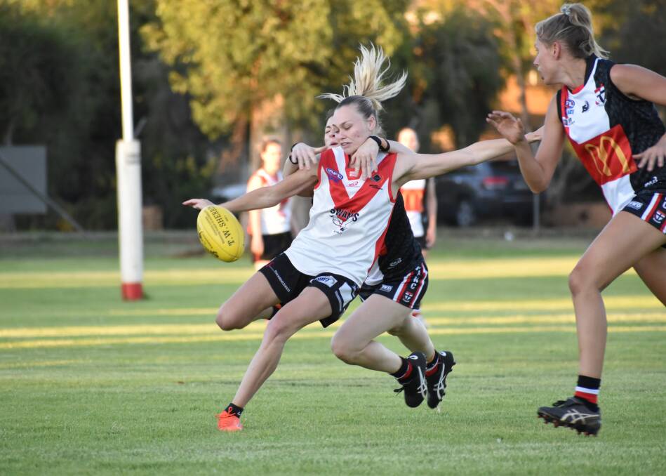 PLAYMAKER: Griffith Swans' Meagan Johnstone playing against North Wagga in the AFLW during 2019.