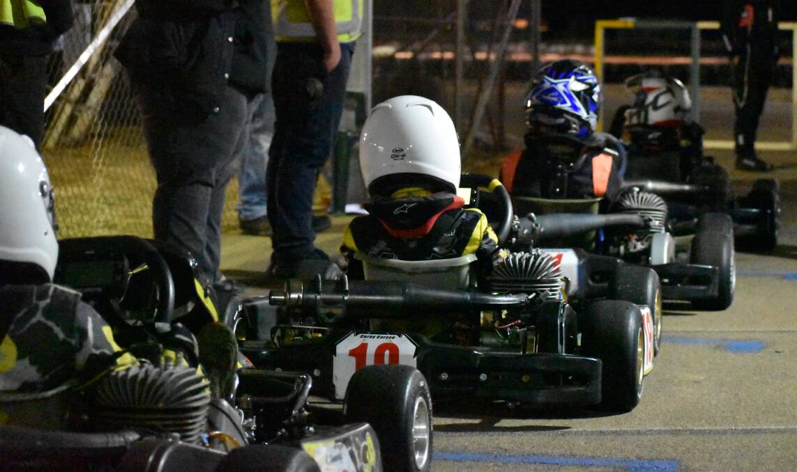STARTING GRID: Junior race competitors at Griffith Kart Club for the Southern Star Kart Series. PHOTO: Shaun Paterson