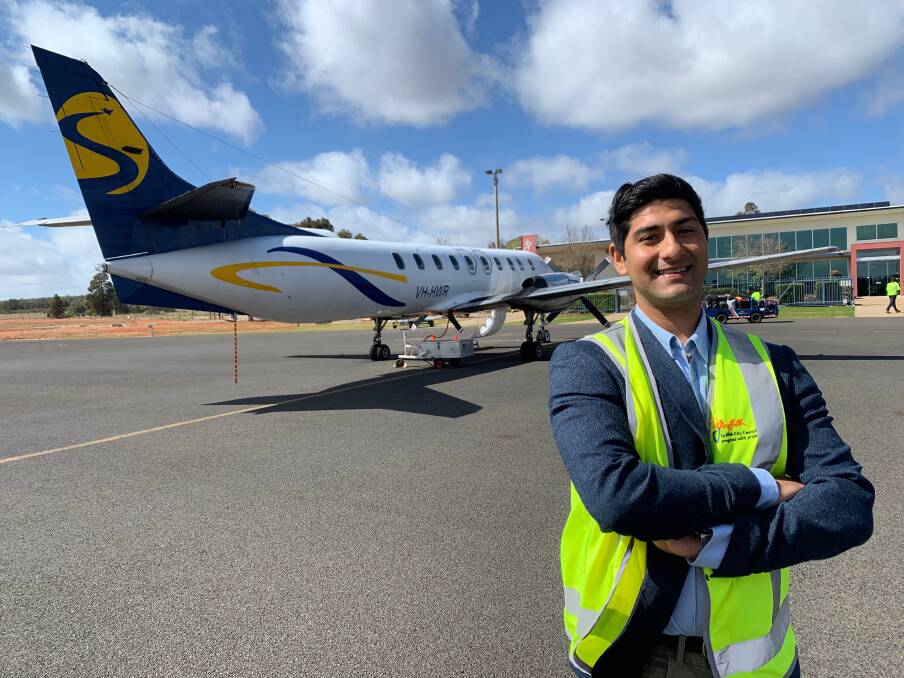UP IN THE AIR: East-West Airlines business analyst, Mohan Korber, on the runway at Griffith Regional Airport. PHOTO: Jacinta Dickins