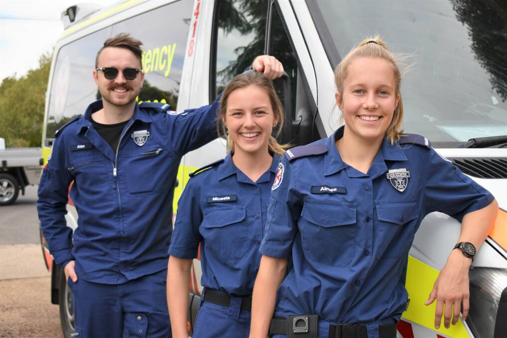 FRESH FACES: Alan Abraham, Micaela Treadwell and Aimee Cogger at Coleambally Ambulance Station. PHOTO: Shaun Paterson