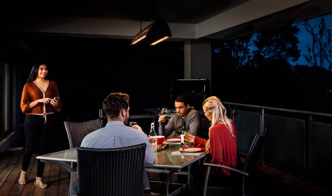 Multi-functional: IXL's Fresco Aurora Outdoor Heater (rrp $1499) includes ambient infrared heat, dimmable task lighting and mood lighting.
